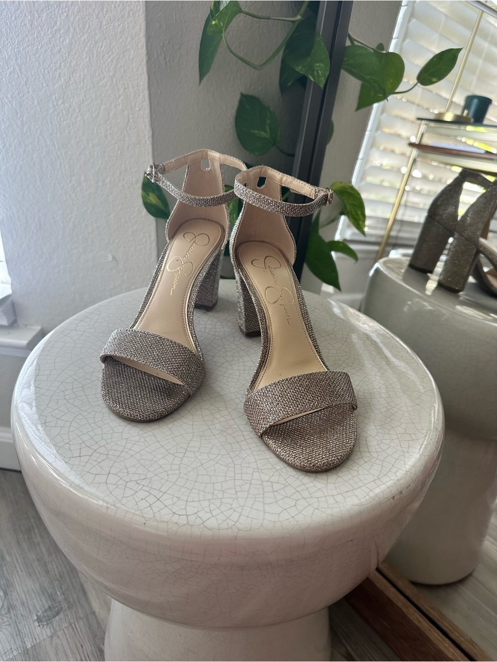 Jessica Simpson Sparkling Champagne Ankle-Strap Block Heels